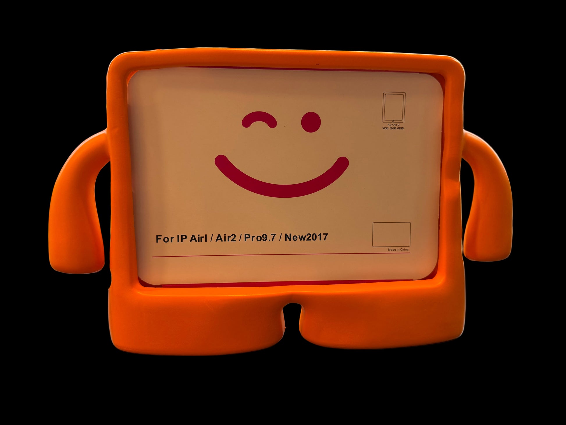 Orange stand with a smiley face design on a reflective surface
