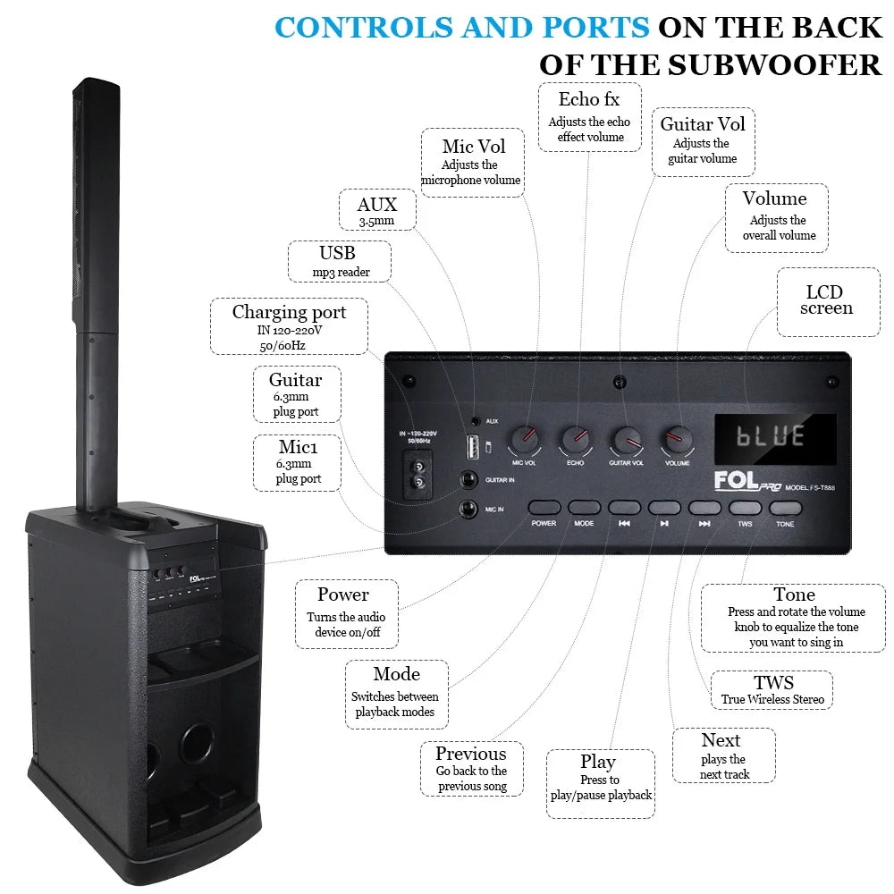 FS-T888 Bluetooth TWS Sound Tower Speaker โ 420W Power, Karaoke System w/ 2 Wireless Microphones